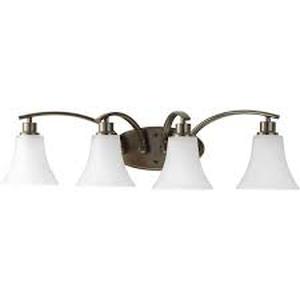 lot 17 image: Progress Lighting Joy Collection 4-Light Antique Bronze Etched White Glass Traditional Bath Vanity Light   Customer Returns See Pictures