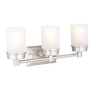 lot 18 image: Lot of Hampton Bay Cade 20.25 in. 3-Light Brushed Nickel Bathroom Vanity Light Fixture with Frosted Glass Shades    Customer Returns See Pictures
