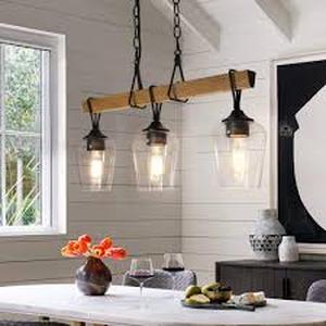 lot 20 image: Uolfin Transitional Black Dining Room Island Chandelier, 25 in. 3-Light Farmhouse Faux Wood Pendant Hanging light for Bedroom    Customer Returns See Pictures