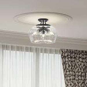 lot 21 image: Merra 14 in. 3-Light Matte Black Semi-Flush Mount with Clear Glass Shade    Customer Returns See Pictures