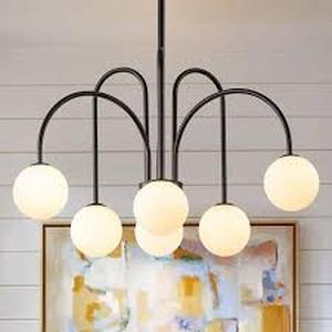 lot 30 image: Rennnsan Ayden 6-Light Black Contemporary Dimmable Sputnik Sphere Chandelier with Opal Glass Globe Bubble   Customer Returns See Pictures