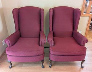 lot 21 image: Pair of Vintage Red Upholstered Armchairs