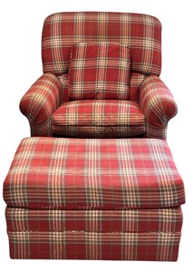 lot 85 image: Swiveling Upholstered Arm Chair with Pillow and Ottoman