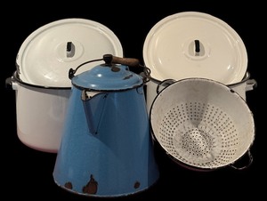 lot 76 image: Vintage Enamelware Kitchen White and Blue Including Colander, Kettle and More