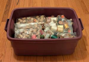 lot 147 image: Tote of Vintage Wood Thread Spools