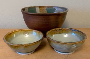 lot 69 image: Three Handcrafted Pottery Bowls including a Pottery Piece by Sarah Dudgeon