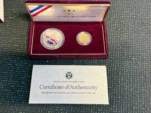 lot 10 image: 1988 US Olympic Coins Proof Gold $5 Dollar & Proof Silver Dollar