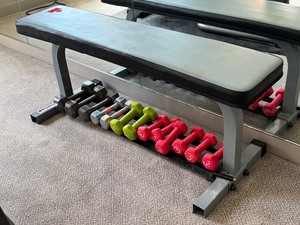 lot 37 image: Iron Man Workout Bench and Variety of Hand Weights