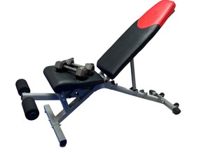 lot 42 image: Bo Flex Adjustable Bench with Pair of 15lb Hand Weights