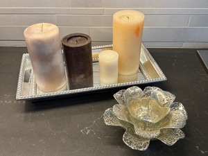 lot 51 image: Decorative Glass Mirrored Tray, Candles and Glass Floral Shaped Candle Holder