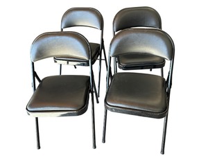lot 58 image: Set of Four Samsonite Black Metal Folding Chairs with Padded Seats