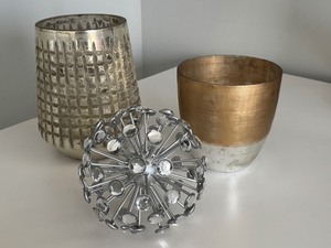lot 67 image: Two Decorative West Elm Glass Vases  Candle Holders and a Rhinestone Embellished Decorative Sphere