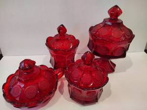 lot 9 image: Fostoria Ruby Red Coin Glassware Candy Dishes