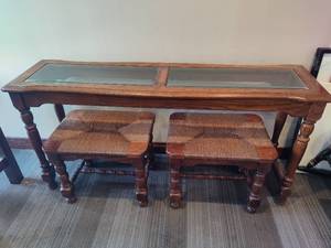 lot 85 image: Wood Sofa Table wGlass Panels & Two Benches