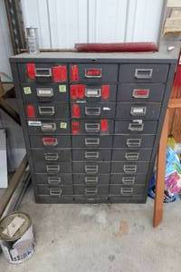 lot 357 image: Cabinet of Drawers with Contents - Bulbs, Small Electrical