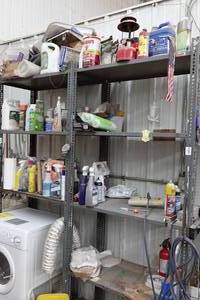 lot 471 image: Shelf with Assorted Cleaning Products, Vintage Lantern