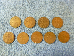 9 Great Britain One Penny Coins