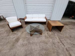 Mid-Century Modern Wood Lounge Set with Glass Coffee Table