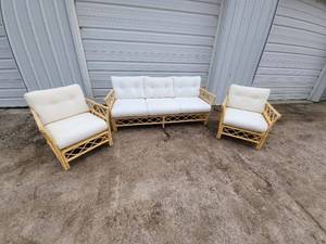 Vintage Rattan Sofa and Armchairs with White Cushions