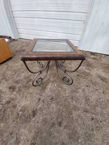 lot 10 image: Glass Top Square Coffee Table with Wrought Iron Legs