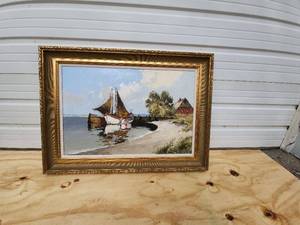 lot 18 image: E. Paulsen Original Oil Painting Harbor with Gilded Frame