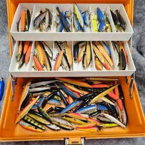 lot 102 image: Tackle Box with Approx 60-80 Rapalas, needing Repair