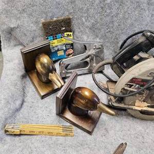lot 224 image: SkilSaw, Crowbar, Grease Gun, Mallard Duck, Stapler, Bookends