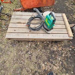 lot 289 image: GBI 22 Weed EaterBlower and Homemade Cart, 5 Wheels, Approx 4 x 6, High Pressure Washer Hose