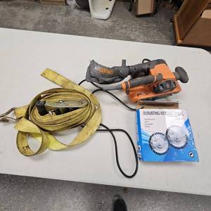 lot 276 image: De-Rusting Weeding Wheel in Box, Rigid Belt Sander, 30 Ft Ratchet Strap
