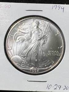 lot 11 image: 1994 AMERICAN SILVER EAGLE 1 TROY OZ .999 FINE SILVER