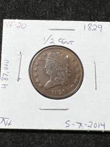 lot 15 image: 1829 US BUST HALF CENT VF20