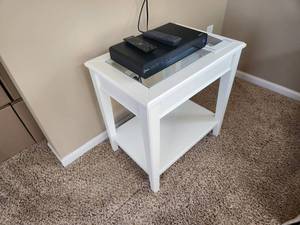 lot 35 image: White Glass Top Side Table - - Contents Not Included