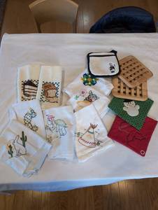 lot 92 image: Embroidered Kitchen Towels & Trivets Set