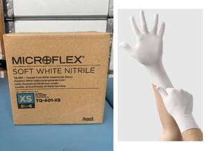 lot 53 image: MSRP $220  1 Case (1000 gloves) NEW Ansell TQ-601 Microflex Soft White Nitrile Powder-Free Exam Gloves - Size XS