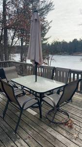 Outdoor Patio Set with Umbrella - Glass Top Table and 6 Chairs