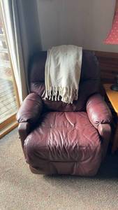 lot 262 image: Used Burgundy Recliner Chair with White Throw Blanket
