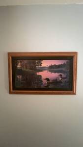 lot 26 image: Framed Landscape Wall Art with Lake and Loons