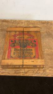 lot 66 image: Vintage Budweiser Wooden Crate with Cassette Tape Collection