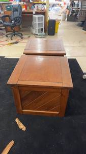 lot 120 image: Pair of Wooden End Tables with Natural Wood Finish