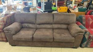lot 123 image: Used Brown Suede Sofa with Plush Cushions