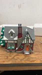lot 152 image: Ceramic Christmas Village House with Snow-Covered Tree