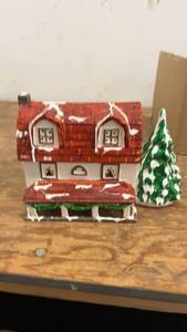 lot 157 image: Hand-Painted Ceramic House and Tree Figurine Set