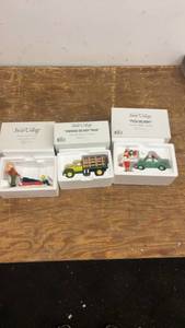 lot 219 image: Set of 3 Dept 56 Snow Village Figurines Tree, Firewood, Pizza Delivery