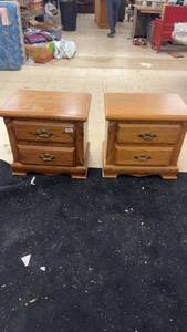 lot 248 image: Pair of Oak Wood 2-Drawer Nightstands with Brass Handles