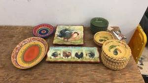 lot 259 image: Lot of Colorful Ceramic Plates and Rooster Themed Dishware