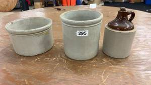 lot 295 image: Set of 3 Vintage Stoneware Crocks with Brown Jug