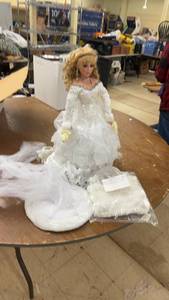 lot 303 image: Porcelain Bride Doll with Stand & Accessories