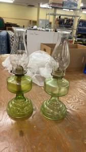 lot 308 image: Pair of Vintage Green Glass Kerosene Oil Lamps