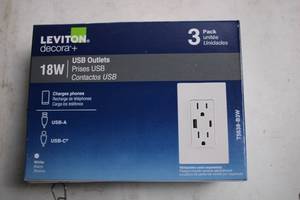 lot 104 image: Leviton Decora 18W USB Outlets 3 Pack with USB-A & USB-C