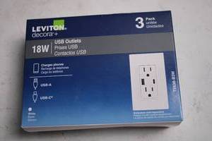 lot 109 image: Leviton Decora 18W USB Outlets 3-Pack with USB-A and USB-C Charging Ports
